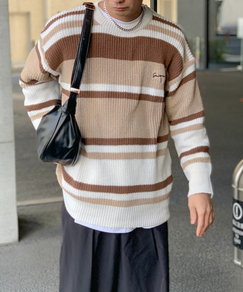 link lot(リンクロット)の「オーバーサイズ ルーズシルエット マルチボーダー ニットセーター(ニット/セーター・メンズ・ブラック/ブラウン・M/L)」の6枚目の写真
