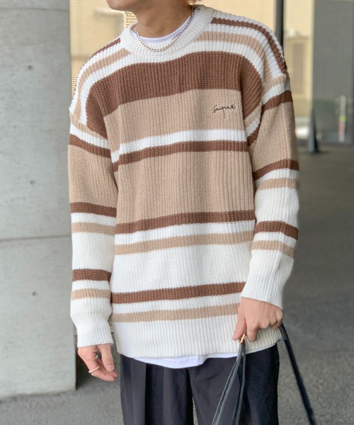 link lot(リンクロット)の「オーバーサイズ ルーズシルエット マルチボーダー ニットセーター(ニット/セーター・メンズ・ブラック/ブラウン・M/L)」の7枚目の写真
