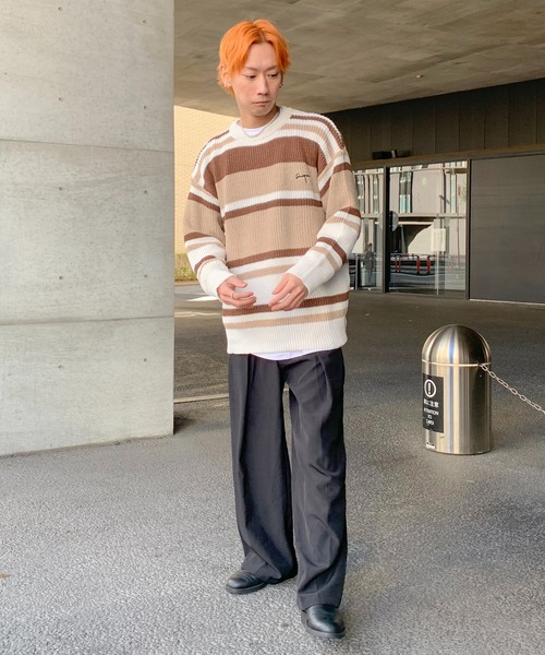 link lot(リンクロット)の「オーバーサイズ ルーズシルエット マルチボーダー ニットセーター(ニット/セーター・メンズ・ブラック/ブラウン・M/L)」の11枚目の写真