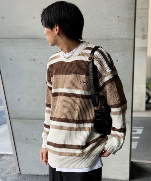 link lot(リンクロット)の「オーバーサイズ ルーズシルエット マルチボーダー ニットセーター(ニット/セーター・メンズ・ブラック/ブラウン・M/L)」の16枚目の写真