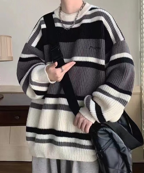link lot(リンクロット)の「オーバーサイズ ルーズシルエット マルチボーダー ニットセーター(ニット/セーター・メンズ・ブラック/ブラウン・M/L)」の17枚目の写真