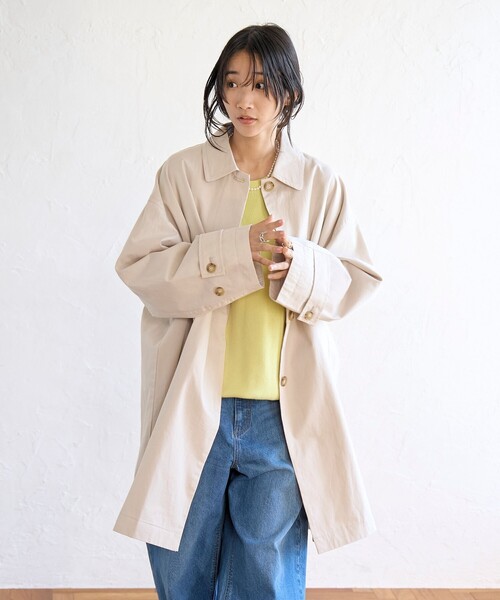 coen(コーエン)の「コットンリネンスクエアステンカラーコート(ステンカラーコート・レディース・ネイビー/ベージュ/ライトグレー・FREE)」の5枚目の写真