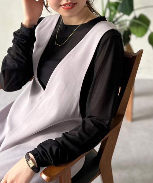 Chez toi（シェトワ）の「セミシアーコンパクトロンT（Tシャツ/カットソー・レディース・ネイビー/オフホワイト/ブラック・FREE）」の2枚目の写真