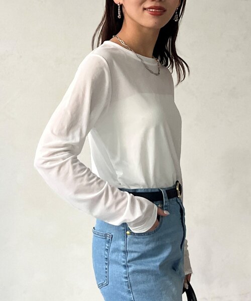 Chez toi（シェトワ）の「セミシアーコンパクトロンT（Tシャツ/カットソー・レディース・ネイビー/オフホワイト/ブラック・FREE）」の5枚目の写真