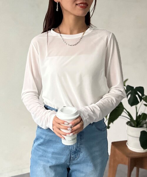 Chez toi（シェトワ）の「セミシアーコンパクトロンT（Tシャツ/カットソー・レディース・ネイビー/オフホワイト/ブラック・FREE）」の6枚目の写真