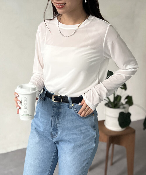 Chez toi（シェトワ）の「セミシアーコンパクトロンT（Tシャツ/カットソー・レディース・ネイビー/オフホワイト/ブラック・FREE）」の7枚目の写真