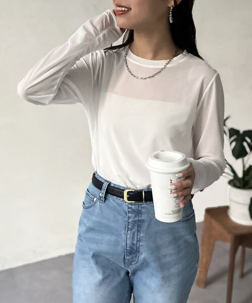 Chez toi（シェトワ）の「セミシアーコンパクトロンT（Tシャツ/カットソー・レディース・ネイビー/オフホワイト/ブラック・FREE）」の8枚目の写真