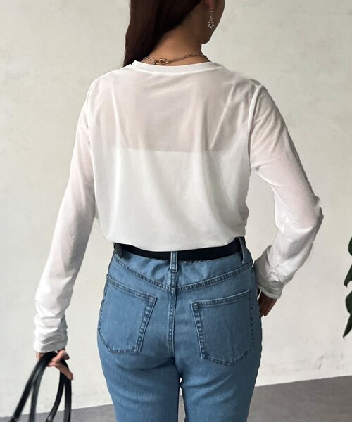 Chez toi（シェトワ）の「セミシアーコンパクトロンT（Tシャツ/カットソー・レディース・ネイビー/オフホワイト/ブラック・FREE）」の10枚目の写真