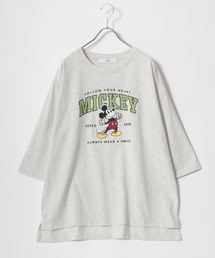 Disney（ディズニー）キャラクターカレッジロゴプリント ビッグシルエットTシャツ（七分袖）レディース/ミッキーマウス/ミニーマウス/くまのプーさん/チップとデール