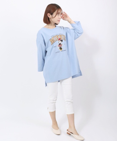 Disney(ディズニー)の「Disney(ディズニー)キャラクターカレッジロゴプリント ビッグシルエットTシャツ(七分袖)レディース/ミッキーマウス/ミニーマウス/くまのプーさん/チップとデール(Tシャツ/カットソー・レディース・アクア/グリーン/アッシュグレー/オフホワイト・M/L)」の5枚目の写真