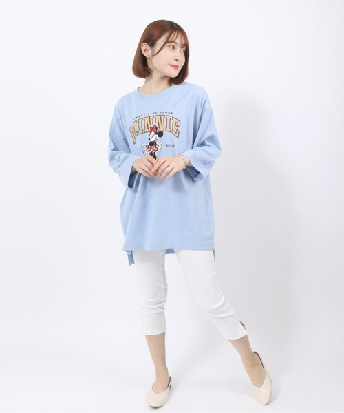 Disney(ディズニー)の「Disney(ディズニー)キャラクターカレッジロゴプリント ビッグシルエットTシャツ(七分袖)レディース/ミッキーマウス/ミニーマウス/くまのプーさん/チップとデール(Tシャツ/カットソー・レディース・アクア/グリーン/アッシュグレー/オフホワイト・M/L)」の7枚目の写真