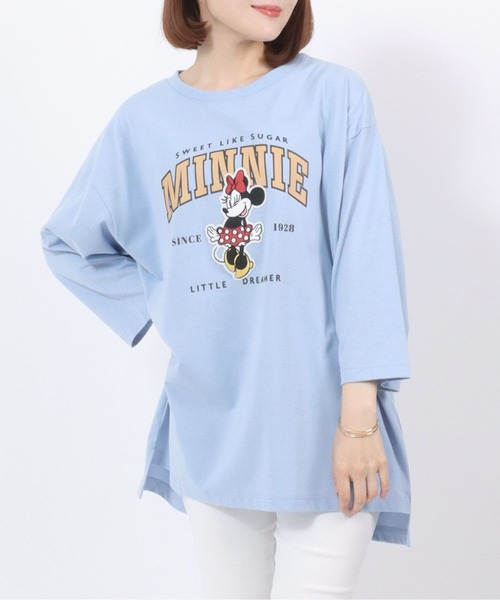 Disney(ディズニー)の「Disney(ディズニー)キャラクターカレッジロゴプリント ビッグシルエットTシャツ(七分袖)レディース/ミッキーマウス/ミニーマウス/くまのプーさん/チップとデール(Tシャツ/カットソー・レディース・アクア/グリーン/アッシュグレー/オフホワイト・M/L)」の6枚目の写真