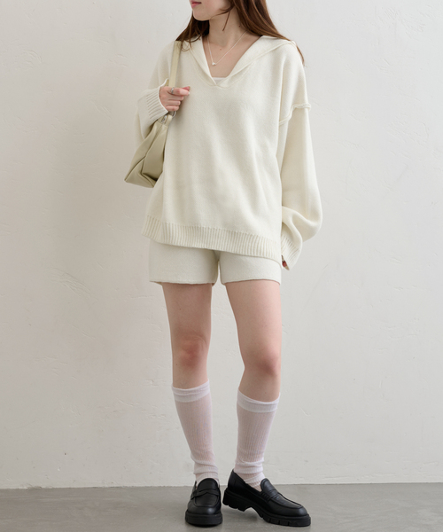 U by SPICK&SPAN（ユーバイスピックアンドスパン）の「オーバーニットフーディー（パーカー・レディース・アイボリー/ネイビー・FREE）」の15枚目の写真