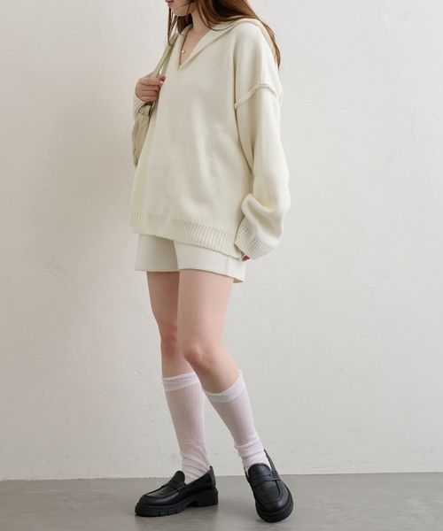 U by SPICK&SPAN（ユーバイスピックアンドスパン）の「オーバーニットフーディー（パーカー・レディース・アイボリー/ネイビー・FREE）」の16枚目の写真