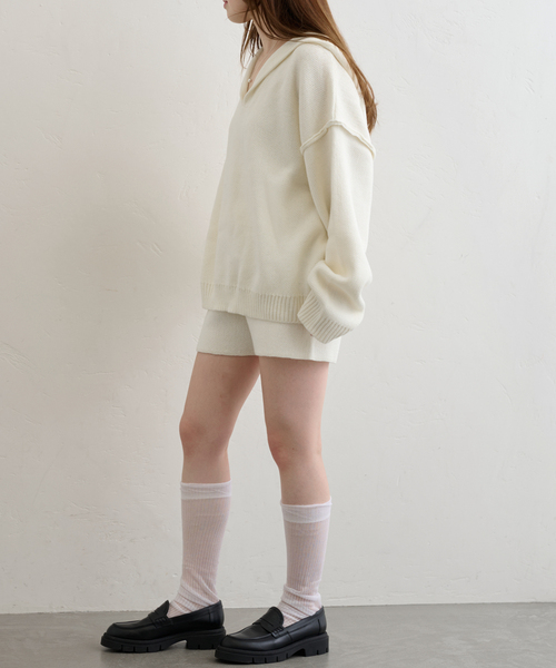 U by SPICK&SPAN（ユーバイスピックアンドスパン）の「オーバーニットフーディー（パーカー・レディース・アイボリー/ネイビー・FREE）」の18枚目の写真