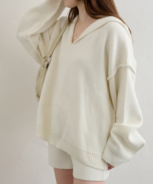 U by SPICK&SPAN（ユーバイスピックアンドスパン）の「オーバーニットフーディー（パーカー・レディース・アイボリー/ネイビー・FREE）」の21枚目の写真