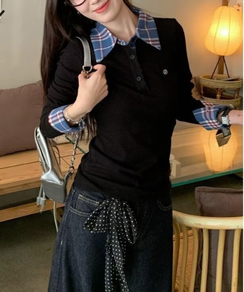 WEGO(ウィゴー)の「WEGO/チェックワンポイントタイトポロトップス(Tシャツ/カットソー・レディース・ブルー/イエロー・MEDIUM/LARGE)」の8枚目の写真