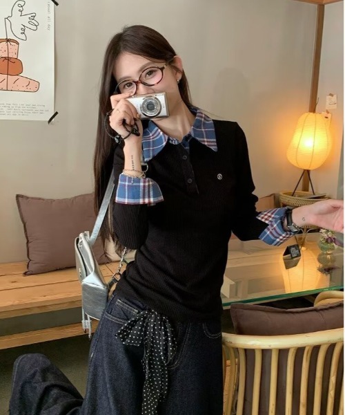 WEGO(ウィゴー)の「WEGO/チェックワンポイントタイトポロトップス(Tシャツ/カットソー・レディース・ブルー/イエロー・MEDIUM/LARGE)」の11枚目の写真
