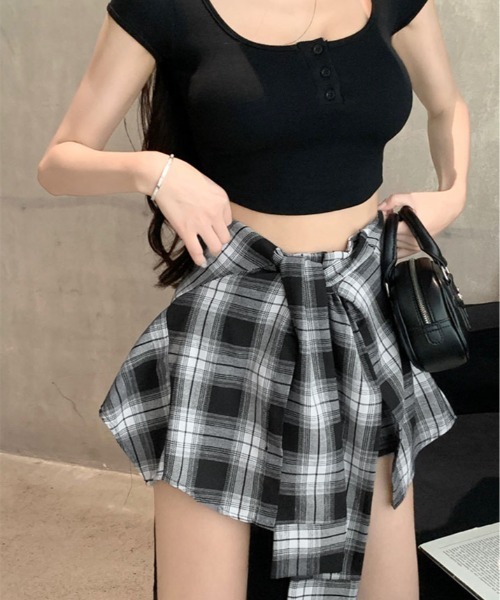 セール】腰巻き シャツ風 チェック柄 ショートパンツ（その他