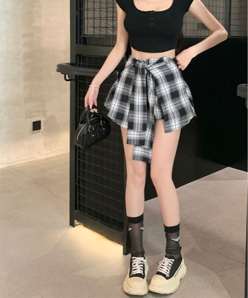 kirakiraShop（キラキラショップ）の「腰巻き シャツ風 チェック柄 ショートパンツ（その他パンツ・レディース・ブラック/ベージュ/レッド・S/L/M）」の10枚目の写真