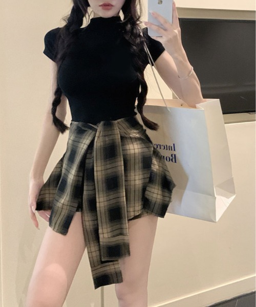 kirakiraShop（キラキラショップ）の「腰巻き シャツ風 チェック柄 ショートパンツ（その他パンツ・レディース・ブラック/ベージュ/レッド・S/L/M）」の15枚目の写真
