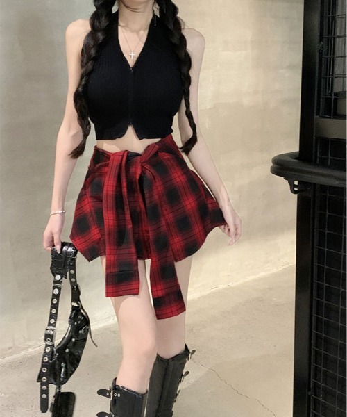 kirakiraShop（キラキラショップ）の「腰巻き シャツ風 チェック柄 ショートパンツ（その他パンツ・レディース・ブラック/ベージュ/レッド・S/L/M）」の22枚目の写真