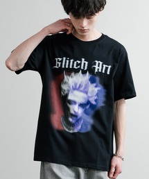 オーバーサイズ グリッチアートグラフィックロゴプリントクールネック半袖Tシャツ