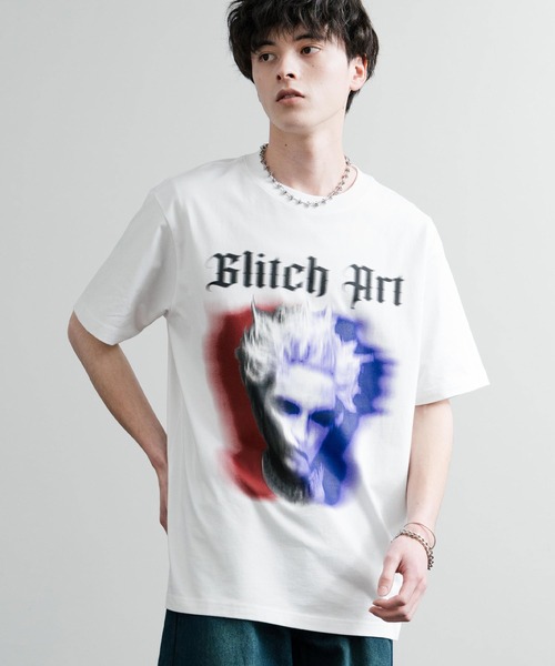 Rocky Monroe(ロッキーモンロー)の「オーバーサイズ グリッチアートグラフィックロゴプリントクールネック半袖Tシャツ(Tシャツ/カットソー・メンズ・ホワイト/ブラック・XXL/XL/L/M)」の7枚目の写真