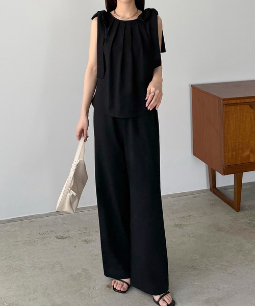 リネン混肩リボンバックオープンセットアップ（セットアップ