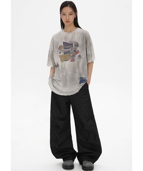 MASONPRINCE Tシャツ プリント ダメージ ウォッシュド 男女兼用 セール】オーバーサイズ 汚れ加工 ステッカープリント Tシャツ