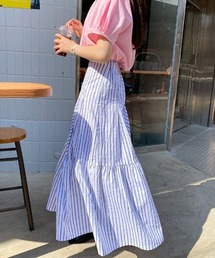 YUGA_YGMC　Striped tiered flare skirt