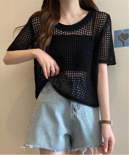 Fun & Daily（ファンアンドデイリー）の「F&D : フッシュネットニットソー（Tシャツ/カットソー・レディース・ブラック/ホワイト・FREE）」の2枚目の写真