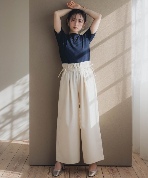 セール】小さいサイズ ウエストリボンワイドパンツ 低身長さん