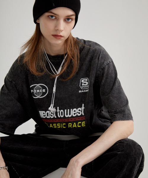 ヴィンテージ加工 ゲームデザイン レーシングプリント半袖Tシャツ（T