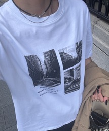 ISOOK | オリジナルフォトプリントTシャツ(chiica original) / グラフィック フォトデザイン プリントT 半袖 オーバーサイズ ビックシルエット オーバーTシャツ メンズライク モード モノトーン モノクロ ホワイト 白 グレー(Tシャツ/カットソー)