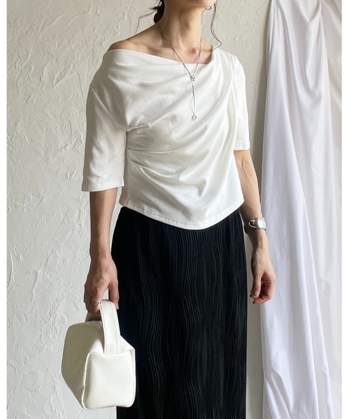 tシャツ ドレープオフショルダーカットソー レディース カットソー ドレープ 半袖 オフショルダー トップス レディース