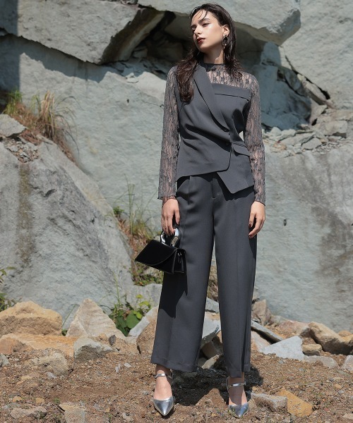 Callarus(カラルス)の「【オケージョン対応】アシメテーラードデザインレースブラウスワイドパンツドレス〔Callarus〕(パンツドレス・レディース・ブラウン/グレー/ブラック・3L/LL/L/M/S)」の19枚目の写真