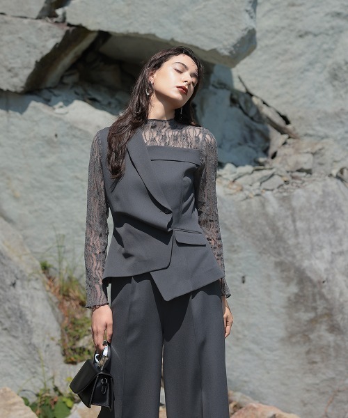 Callarus(カラルス)の「【オケージョン対応】アシメテーラードデザインレースブラウスワイドパンツドレス〔Callarus〕(パンツドレス・レディース・ブラウン/グレー/ブラック・3L/LL/L/M/S)」の20枚目の写真