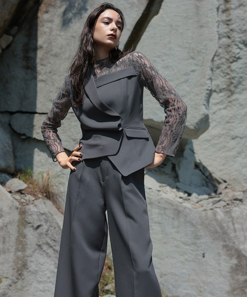 Callarus(カラルス)の「【オケージョン対応】アシメテーラードデザインレースブラウスワイドパンツドレス〔Callarus〕(パンツドレス・レディース・ブラウン/グレー/ブラック・3L/LL/L/M/S)」の22枚目の写真