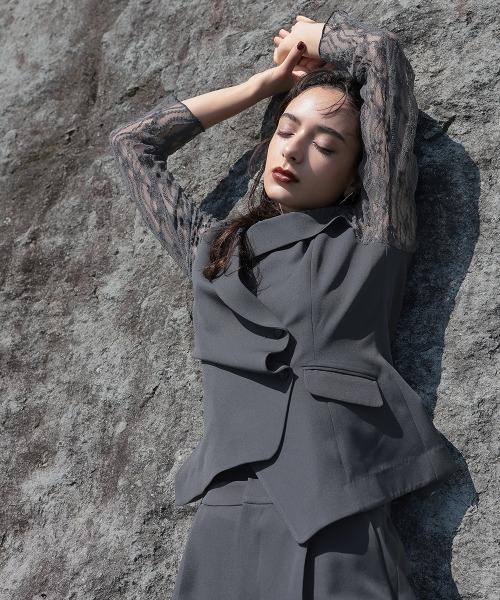 アシメテーラードデザインレースブラウスワイドパンツドレス〔Callarus