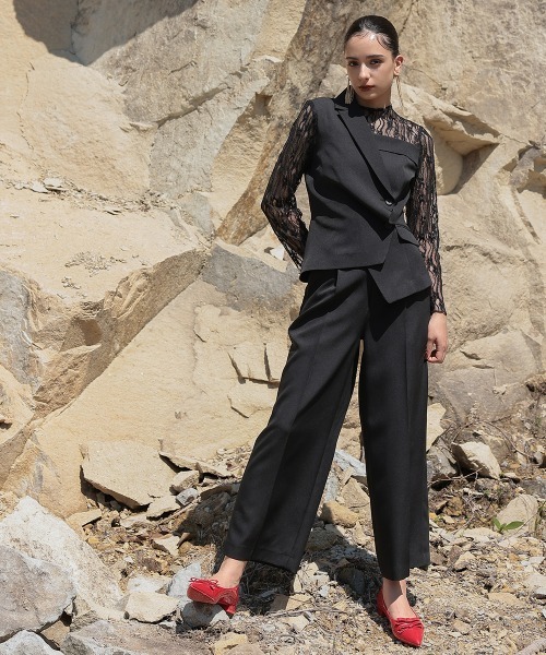 アシメテーラードデザインレースブラウスワイドパンツドレス〔Callarus