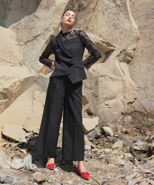 セール】アシメテーラードデザインレースブラウスワイドパンツ