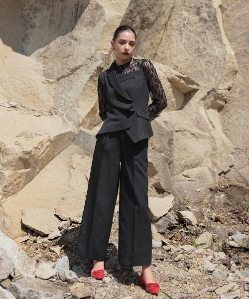 オケージョン対応】アシメテーラードデザインレースブラウスワイド