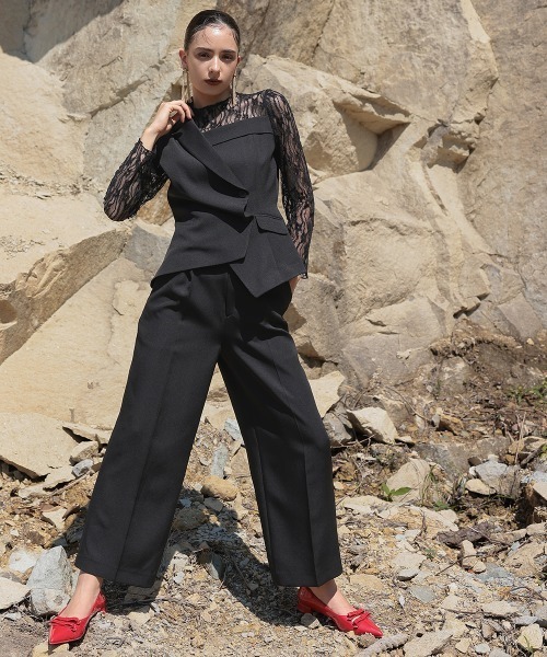 Callarus(カラルス)の「【オケージョン対応】アシメテーラードデザインレースブラウスワイドパンツドレス〔Callarus〕(パンツドレス・レディース・ブラウン/グレー/ブラック・3L/LL/L/M/S)」の7枚目の写真