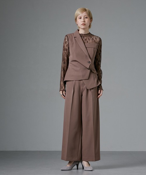 アシメテーラードデザインレースブラウスワイドパンツドレス〔Callarus