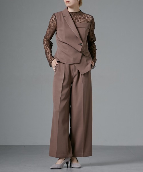 アシメテーラードデザインレースブラウスワイドパンツドレス〔Callarus