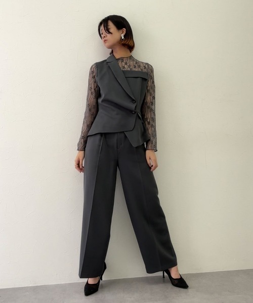 アシメテーラードデザインレースブラウスワイドパンツドレス〔Callarus