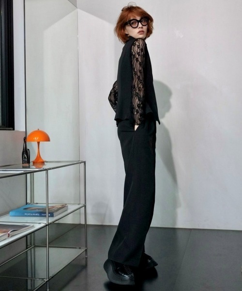 アシメテーラードデザインレースブラウスワイドパンツドレス〔Callarus