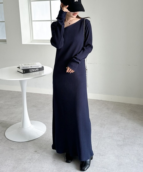 セール】【全骨格細見え】アシメネックリブワンピース（ワンピース