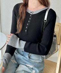 フェイクレイヤード配色ヘンリーネックリブニットトップス